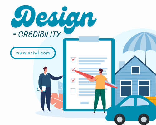 Featured Image that says, "Design equals Credibilty" and has our URL. This is for our blog post about the importance of design and branding for insurance companies.