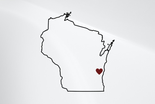 Outline of the state of WI with a heart icon where Sheboygan Falls is located.